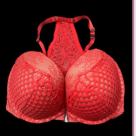 Victorias Secret Very Sexy Push up Padded Crochet Lace Bra Red Racerback  32DDD - Picture 2 of 3